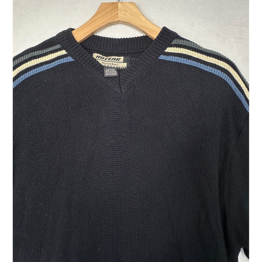 Vintage No‎ Fear Sweater Mens Large Black Cotton Knit V-Neck Striped 90s Skater
